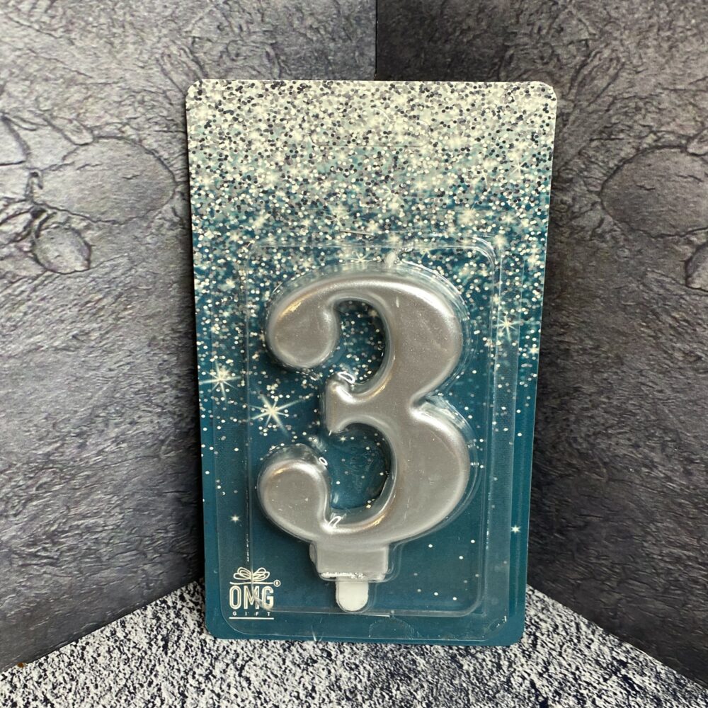 Свеча для торта 'Цифра 3', 8см, серебряная