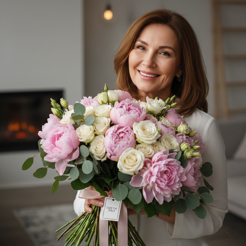 Счастливая мама с большим букетом цветов доставка Великий Новгород Цветы PRO